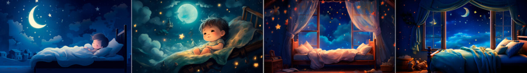 The child sleeps peacefully under the starry night sky. Illustration with vibrant image quality. The sparkling stars create a magical atmosphere. A large window offers panoramic views.