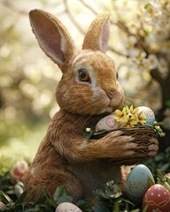 Fototapeta na wymiar happy easter image cute rabbit with eggs