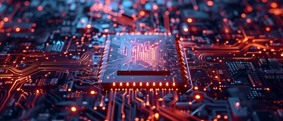 Close-up of a computer motherboard with a CPU socket. The motherboard has black slots for RAM and other components. Red and blue lights illuminate the board.