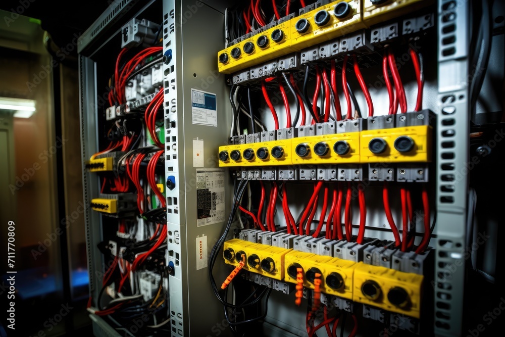 Aufkleber rack of wires, organized and neatly arranged cables for efficient connectivity, lectrical engineers 