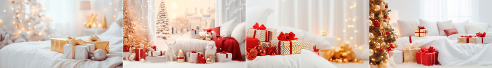 Create a festive Christmas atmosphere in your bedroom with a red, gold and white themed tree....