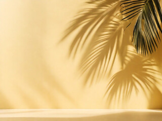 Palm leaf on a yellow background. top view, summer concept 