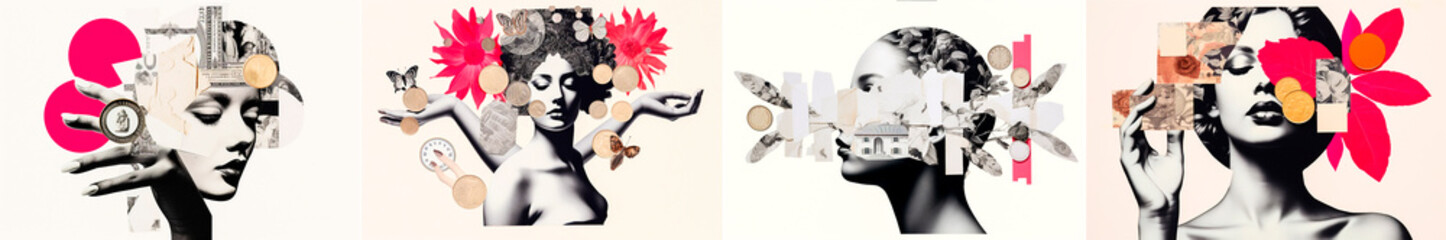 Combines retro and futuristic elements from the 1950s. Cut out collage on a white background....
