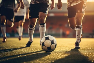 A thrilling match of soccer unfolds as a group of young men showcase their skills on the field, Legs of a team of soccer players playing soccer, AI Generated