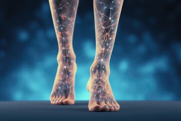 Persons Legs and Ankles Illuminated by Vibrant Glowing Lights, Legs with visualization of nerve endings, Joint problems concept, AI Generated