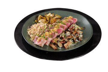 plate of food with healthy food rice salad and meat fish salmon