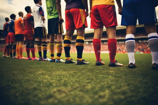 A row of soccer players standing together, ready to showcase their skills on the field, Legs of a team of soccer players playing soccer, AI Generated