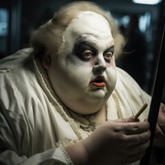 A young fat artist in a suit delicately applies makeup looking in the mirror before performing in a theater