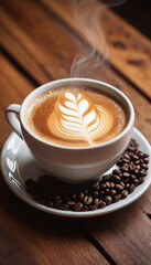 Cup of coffee on a wooden table generated by AI