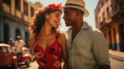Beautiful young Cuban couple smiling and dancing on the street. Latin American man and woman...