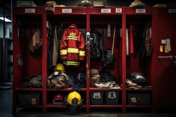 An image of a firemans uniform and helmet stored in a locker, ready for quick deployment during emergencies, Locker in a fire station, housing firefighting gear and uniforms, AI Generated - obrazy, fototapety, plakaty