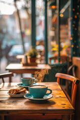 Cozy ambiance of a coffee shop, emphasizing the warmth, comfort, and details like steaming coffee cups, pastries, and inviting seating areas