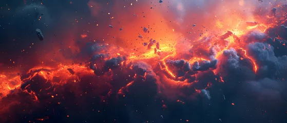 Fotobehang A fiery inferno illuminates the vastness of the universe, as molten lava and thick smoke dance in the sky, a stunning display of nature's raw power and destructive beauty © Daniel