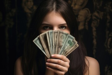 Woman Covering Face With Stack of Money, Financial Overwhelm and Contradictions, Girl covering her face with a fan of money in a close-up shot, with no hand deformation, AI Generated