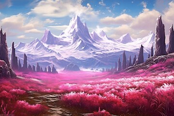 Mountain landscape with snowy peaks and trees in vibrant pink flowers. Generative AI