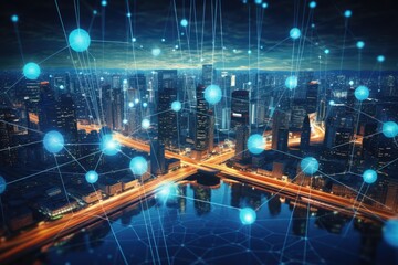 Cityscape With Connected Lines and Dots, Modern Urban Network Infrastructure, An abstract digital technology background showcases the global network connection concept in 3D rendering, AI Generated