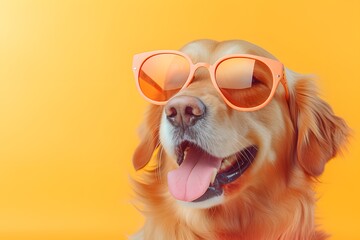Cute funny dog wearing sunglasses on color background.