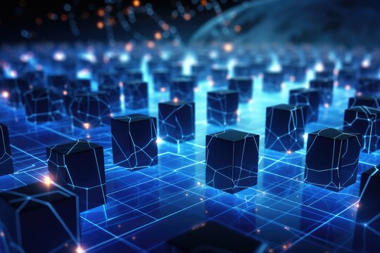 A variety of blue cubes, in different sizes, neatly placed on a wooden table, Global network connection is depicted in a futuristic technology background, rendered in 3D, AI Generated