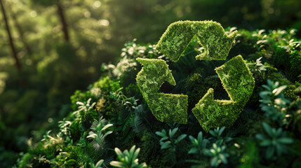 Recycle symbol on a green background among the plants. Eco concept of reduce, reuse, recycling, save the planet, environmental preservation