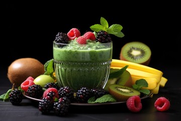 Refreshing Green Smoothie in Glass Surrounded by Fresh Fruit, Green smoothie adorned with fruits and berries against a black background, Healthy food concept, AI Generated