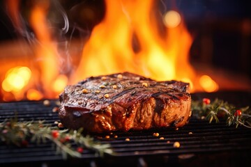 A juicy steak sizzling on a grill with intense flames in the background, creating a mouthwatering meal, Grilled steak on a barbecue grill with flames and bokeh background, AI Generated