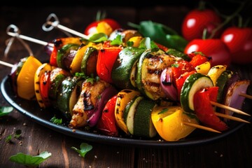 Close Up of a Plate of Food With Skewers, Grilled vegetable skewers featuring tomatoes, zucchini, bell peppers, onions, and spices on a dark wooden background, AI Generated