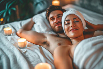 Relaxed couple with spa headbands enjoying a serene moment among candles - obrazy, fototapety, plakaty