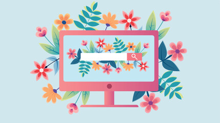 vector illustration of a search engine browser on a computer. Surrounded by spring flowers, pleasant internet atmosphere