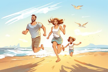 A couple enjoys a healthy workout and leisure time as they run side by side on the sandy beach, Happy young family running and jumping on a summer beach, AI Generated
