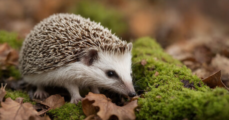 Fototapeta premium In an autumn woodland habitat, a hedgehog emerges among fallen leaves and oak logs. This nocturnal creature, facing forward with prickly spikes, symbolizes the unique wildlife of the UK's forests.
