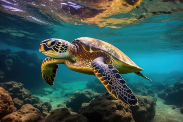 A green turtle gracefully swims in the clear blue waters of the ocean, Hawaiian Green Sea Turtle Chelonia mydas, AI Generated