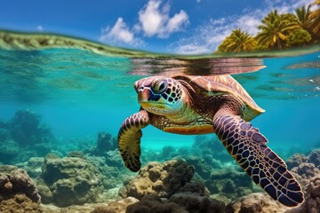 A turtle gracefully swims over a vibrant coral reef in the crystal-clear waters of the ocean, Hawaiian Green Sea Turtle Chelonia mydas, AI Generated