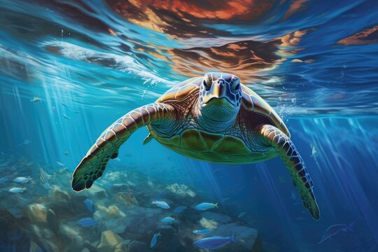 A vibrant and captivating painting depicting a turtle gracefully gliding through the turquoise waters of the ocean, Hawaiian Green Sea Turtle Chelonia mydas, AI Generated