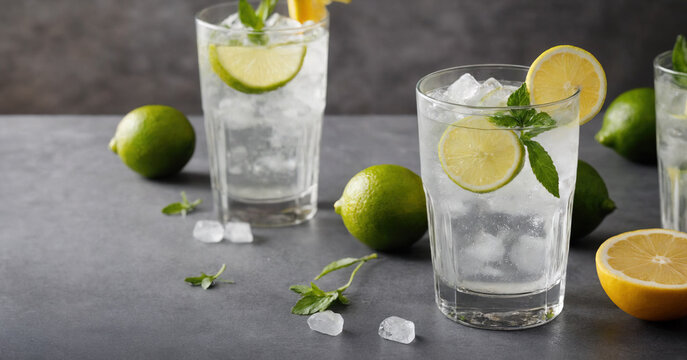 An isolated image featuring a refreshing gin and tonic cocktail with ice, lime, and herbs.