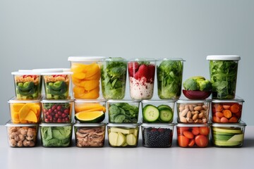 A variety of different types of food stored in plastic containers placed together, Healthy eating concept portrayed through an assortment of healthy food in plastic containers, AI Generated