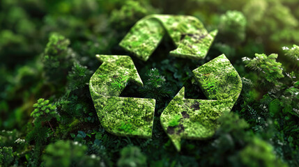 Recycle symbol on a green background among the plants. Eco concept of reduce, reuse, recycling, save the planet, environmental preservation - obrazy, fototapety, plakaty