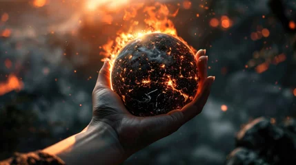 Fotobehang hand holding a planet earth lit on fire generative ai © ThisDesign