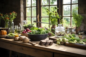 A bountiful arrangement of various fresh vegetables laid out on a sturdy wooden table, Healthy food arranged on a wooden table in a charming rustic kitchen, AI Generated