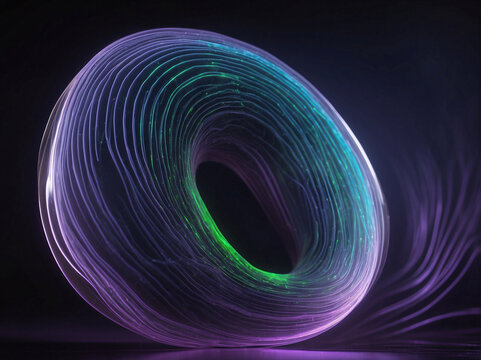 A toroid with neon lights of purple, green and blue tones. Neon abstract backgrounds series.