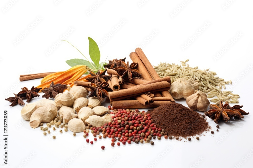 Poster a collection of various spices and herbs arranged in a pile on a plain white background, herbs and s