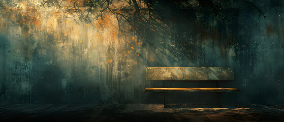 A solitary bench in a dimly lit room, adorned with a striking painting, evoking feelings of isolation and contemplation