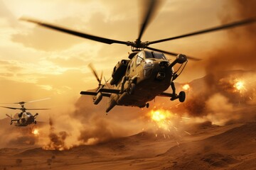 Fototapeta na wymiar Helicopters Flying Over Desert - A Spectacular View of Aircraft in the Vast Expanse, Helicopter in the desert, 3D render depicting attack helicopters flying in a warzone and shooting, AI Generated