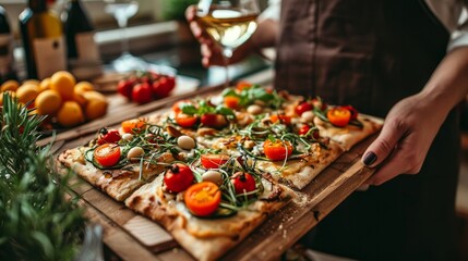 Hipster blogger or cook holds wooden tray or board with homemade organic flatbread pizza, covered with vegetables, veggies and cheese, romantic diy dinner with wine   