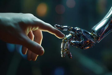 Human Hand Touching Fingers with a Cyborg, Humanity and Technology Connection Digital Concept,  The Creation of Adam theme, AI technology era.  - obrazy, fototapety, plakaty