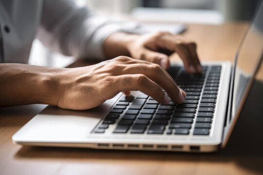 An image of a person intently typing on a laptop placed on a wooden table, High-angle view of male hands typing on a computer keyboard while working in an office, AI Generated