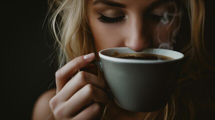 Young woman breathing in the smell of fresh, hot coffee.