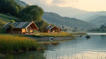 Fototapeta na wymiar Photo of a Serene Lakeside Glamping Site, luxury tents and natural scenery