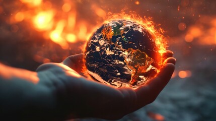 hand holding a planet earth lit on fire generative ai - obrazy, fototapety, plakaty