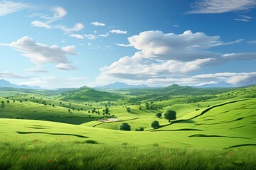 Fototapeta premium A painting depicting a serene green landscape with majestic mountains in the distance, Hilly green landscape view with green grass and a beautiful sky, AI Generated