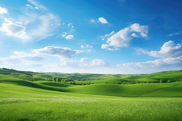 Fototapeta premium A beautiful scene of a green field beneath a clear blue sky, Hilly green landscape view with green grass and a beautiful sky, AI Generated